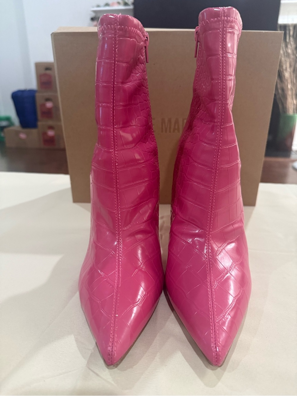 Steve Madden Pink Croc-Embossed Pointed Toe Ankle Boots